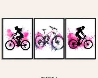 Biking Print Set - Set of 3 Prints | Watercolor Painting | Watercolour Picture | Mountain Biker Wall Art | Gift for Bike Rider | Bike Decor