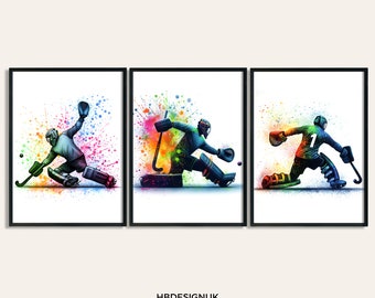 Hockey Goalie Print Poster - Set of 3 Hockey Art Prints | Watercolour Hockey Wall Art | Boys Gift for Hockey Player | Hockey Room Artwork