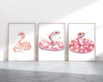 Láminas de serpientes del maíz - Juego de 3 pósteres / Pinturas de serpientes en acuarela / Arte mural infantil en acuarela / Decoración de pitón / Arte mural de reptiles para dormitorio