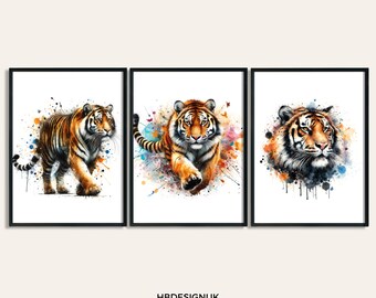 Tijger aquarel posterprint - set van 3 afbeeldingen | Tijgerprints | Schilderijen | Waterverfcadeaus | Kunstwerkdecoratie | Muurkunst