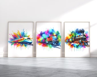 Set di stampe colorate per treni - 3 poster ad acquerello / Opere d'arte per la camera da letto dei ragazzi / Arte della parete della locomotiva / Opere d'arte per la decorazione della stanza / Immagini dei treni a vapore