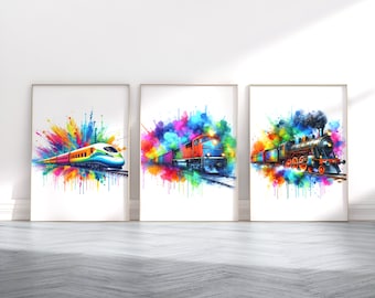 Colourful Train Print Set - 3 Watercolour Posters | Boys Bedroom Artwork | Locomotive Wall Art | Room Decor Artwork | Steam Trains Pictures