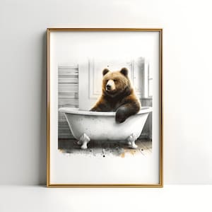 Bear Bathroom Print - Animal Bathtub Poster | Bath Room Wall Art | Vintage Bath | Watercolour Bathroom Print | Kids Animals Artwork