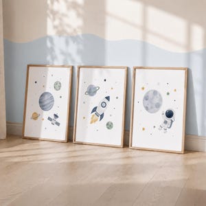 Impressions spatiales pour chambre de bébé - Art mural bleu marine pour enfants, système solaire, lot de 3 pour chambre de garçons