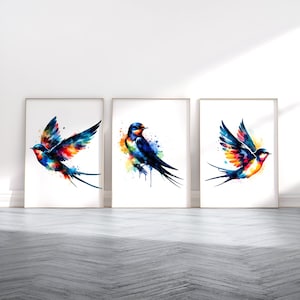 Swallow Bird Print Set - 3 Watercolour Posters | Swallow Wall Art | Watercolor Poster | Bird Watcher Gifts | Decor Artwork | Animal Pictures
