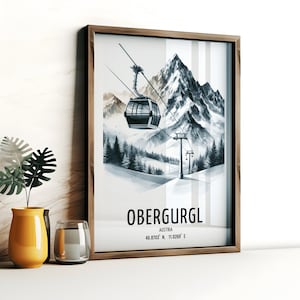 Poster di sci di Obergurgl - Stampa artistica ad acquerello / Opere d&#39;arte da parete di viaggio / Regali di sci / Arredamento sci delle Alpi austriache / Stazione sciistica / Snowboard regalo