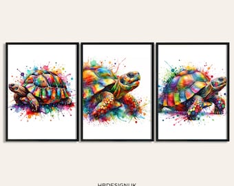Colourful Tortoise Print Set - 3 Watercolour Posters | Turtle Wall Art | Artwork Decor | Vibrant Animal Wall Art | Room Gifts | Poster Gift