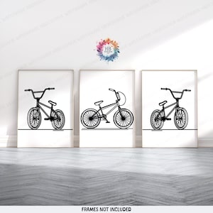 Black BMX Bike Prints - Set of 3 Posters | Biking Wall Art Decor | Line Drawing Bike Artwork | Gold Boys Bedroom Print | BMX Poster Gifts