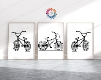 Black BMX Bike Prints - Set of 3 Posters | Biking Wall Art Decor | Line Drawing Bike Artwork | Gold Boys Bedroom Print | BMX Poster Gifts