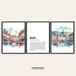May include: A watercolor painting of Bath, England, with a definition of the city below. The painting features a street scene with buildings, a church, and people walking. The definition describes Bath as a historic city known for its Roman baths and Georgian architecture.