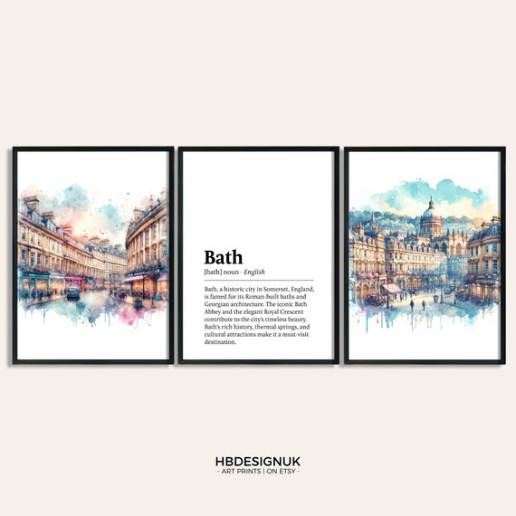 Bath Travel Print Set - Set of 3 Watercolour Posters | Somerset Travel Prints | Bath Poster Pictures | UK Wall Art | Artwork Decor