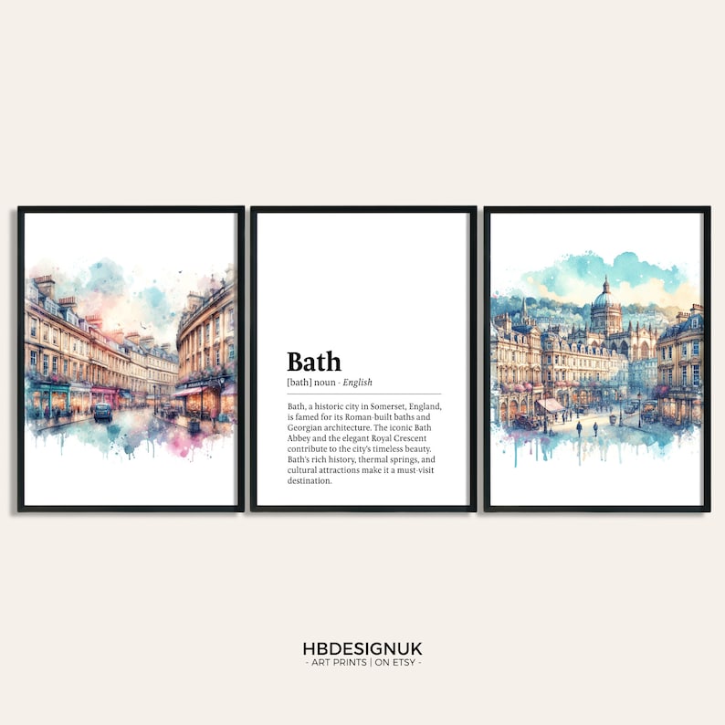 May include: A watercolor painting of Bath, England, with a definition of the city below. The painting features a street scene with buildings, a church, and people walking. The definition describes Bath as a historic city known for its Roman baths and Georgian architecture.