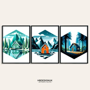 Scandi Cabin Print Set - 3 Scandinavian Posters | Scandi Illustration Wall Art | Minimalist Design | Forest Cabin | Nordic House Decor