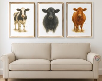 Cow Watercolour Prints - Farmhouse Wall Art Set, Watercolor Decor, UK Wildlife Artwork, Country House, Modern Painting Print, Living Room