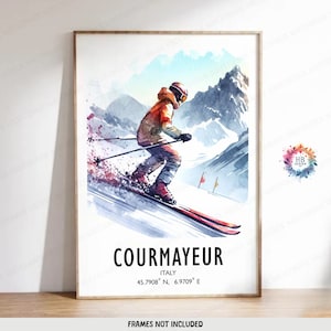 Courmayeur Skiing Poster Print - Watercolour Ski Alpine Art  | Travel Wall Artwork | Skiing Gifts | Italy Ski Decor | Snowboard Resort Gift