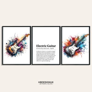 Electric Guitar Art Print - Set of 3 Music Watercolour Artwork | Watercolor Poster | Wall Art Musician | Instrument Picture Decor Room Gift