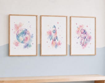 Space Nursery Wall Art - Set of 3 Neutral Bedroom Decor, Kids Rocket Prints