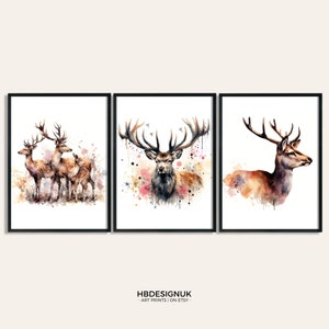 Deer Print Set - Set of 3 Posters | Watercolour Stag Print | Wall Hanging Decor | Animal Wall Art | Deer Gifts | British Wildlife Artwork