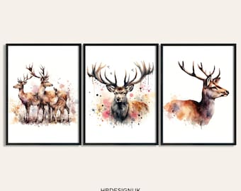 Deer Print Set - Set of 3 Posters | Watercolour Stag Print | Wall Hanging Decor | Animal Wall Art | Deer Gifts | British Wildlife Artwork