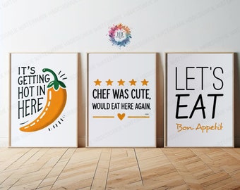 Orange Kitchen Wall Art - Set of 3 Prints | Let's Eat, Chef Was Cute, Chilli Quotes | Dining Room Decor | Home Room Posters | Gallery Wall