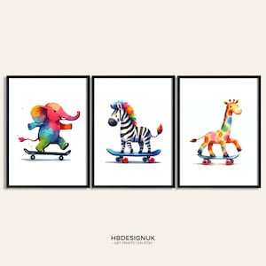 Arte mural de animales de skate - Juego de 3 pósteres / Láminas de skate / Decoración infantil / Obras de arte de skate / Regalos para dormitorio infantil