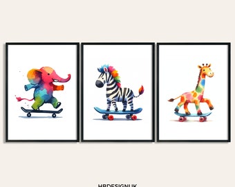 Arte mural de animales de skate - Juego de 3 pósteres / Láminas de skate / Decoración infantil / Obras de arte de skate / Regalos para dormitorio infantil