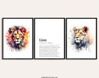 Lion Poster Set - Set of 3 Prints | Watercolour Lion Portrait Family Print | Wall Hanging Decor | Animal Wall Art | Wildlife Gifts