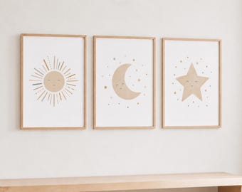 Sun, Moon and Stars Nursery Print Set of 3 - Boho Kids Bedroom Wall Art