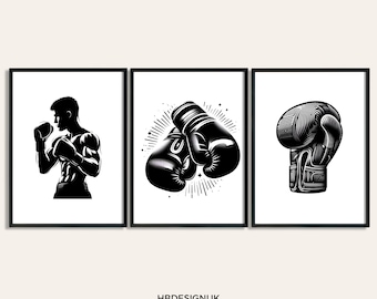 Art mural boxe - 3 posters Boxer | Art mural minimaliste de boxe | Cadeaux de combat de boxe pour hommes | Sports de combat | Oeuvre d'art en noir et blanc