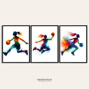 Girls Basketball Wall Art Set - Set of 3 Basketballer Print | Watercolour Wall Art | Women Poster | Sports Decor | Wall Art Girls Artwork