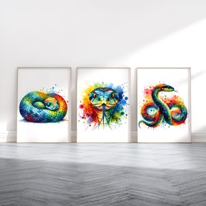 Peut inclure: Trois peintures à l'aquarelle colorées de serpents. La première peinture montre un serpent enroulé en boule. La deuxième peinture montre un serpent avec la tête levée, regardant directement le spectateur. La troisième peinture montre un serpent enroulé en cercle.
