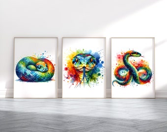 Lámina con estampado de serpientes - Set de 3 imágenes / Póster de serpientes en acuarela / Pinturas / Regalos en acuarela / Decoración / Arte mural de animales