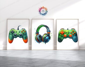 Gaming Controller Poster Prints - Set of 3 Gamer Prints | Teen Bedroom Decor | Video Game | Gaming Room Decor | Graffiti Wall Art Print
