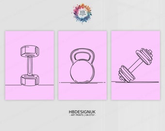 Pink Home Gym Prints - 3 Fitness Posters | Minimalist Line Drawing Design | Sports Motivation Poster | Athlete Decor | Home Wall Art | Gift