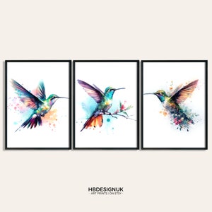 Póster de colibrí (3 impresiones, acuarela, arte mural de animales, regalo de aves, decoración de colibríes)