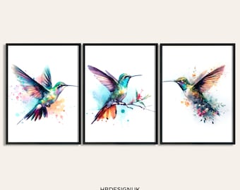 Poster Set - Kolibri 3 Drucke | Aquarellmalerei | Aquarell Bild | Tier Wand Kunst | Vogel Geschenke | Kolibri Dekor