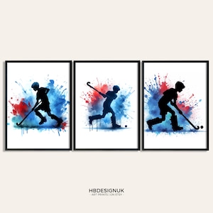 Hockey Wall Print - Set of 3 Hockey Art Prints | Watercolour Hockey Poster Art | Boys Gift for Hockey Player | Hockey Room Artwork