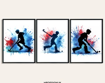 Hockey Wall Print - Set of 3 Hockey Art Prints | Watercolour Hockey Poster Art | Boys Gift for Hockey Player | Hockey Room Artwork