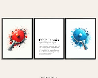 Table Tennis Poster Set - Set of 3 Prints | Ping Pong Gifts | Watercolor Prints | Table Tennis Gift | Games Room Wall Art | Definition Print