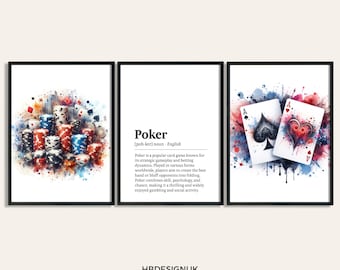 Poker Print Poster - Set of 3 Casino Posters | Room Decor Art Prints | Game Room Decor | Playing Cards Wall Print | Card Gambling Gifts