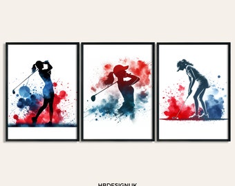Girl Golf Wall Print - Set of 3 Golfing Prints | Red Watercolour Girl Golfer Wall Art | Posters for Golf Lover | Womens Decor Room Artwork