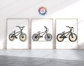 Minimal BMX Prints - Set of 3 Posters | Biking Wall Art Decor | Line Drawing Bike Artwork | Gold Boys Bedroom Print | BMX Poster Gifts