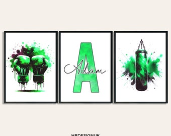 Custom Boxing Decor - Set of 3 Green Prints | Boys Girls Bedroom Wall Art | Personalized Poster | Home Room Decor | Posters Print