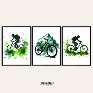 Mountain Biking Poster Set - Set of 3 Prints | Watercolor Painting | Watercolour Picture | Mountain Biker Wall Art | Gift for Bike Rider