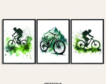 Mountainbike Poster Set - 3-teiliges Set | Aquarellmalerei | Aquarell Bild | Mountainbiker Wandkunst | Geschenk für Bike Rider