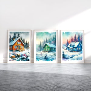 Nordic Cabin Poster Set - 3 Watercolour Prints | Scandi Wall Art | Scandanavian Design | Winter Cabin Painting | Scandinavian Artwork