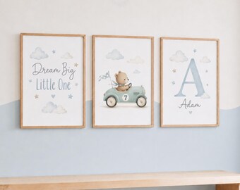 Set of 3 Personalised Teddy Bear Nursery Prints - Blue Toddler Name Bedroom Wall Art