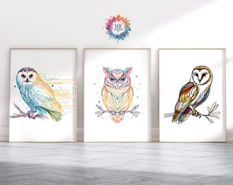 Minimal Owl Print Set - Owls Print | Bird Pictures | Animal Prints | Line Drawing Artwork Decor | Owl Picture | Colorful Abstract Owl Sketch