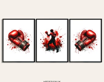 Boxing Decor Prints - Set of 3 Boxer Posters | Blue Watercolour Boxing Poster | Boxing Fight Gifts For Men | Boys Bedroom Artwork Posters