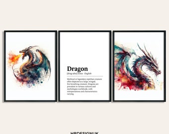Conjunto de carteles de dragón - Conjunto de 3 impresiones / Impresión de dragón de acuarela / Decoración colgante de pared / Arte de pared de animales / Regalos de dragón / Obras de arte